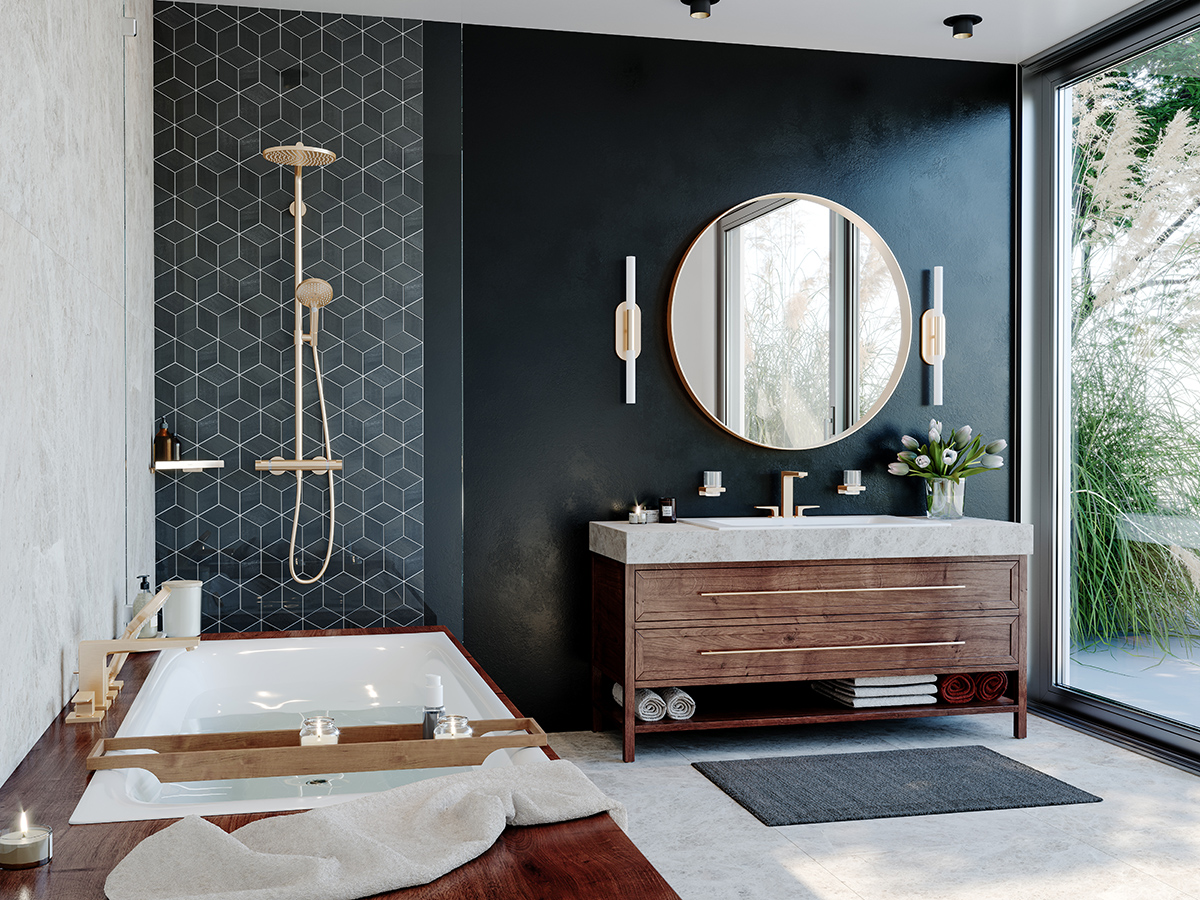 Salle de bains avec robinetterie en bronze brossé